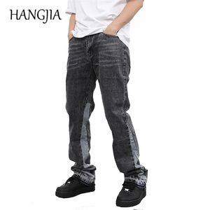 Старинные пэчворки Flare Jeans Urban Men Streetwear широко ноги джинсовые брюки хип-хоп черный цвет колокольчик тонкий подходит джинсы джинсы для мужчин 211104