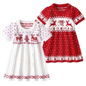 Klänningar Tjejer Knitting Deer Snowflake Print Tröja År Kostym Princess Dress Kids Christmas Clothes 210417