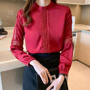 Koreanische Bluse Frauen Seide s Frau Stickerei Druck Hemd Aushöhlen Spitze Langarm Top Plus Größe 210604