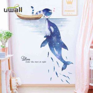 Creative Cartoon Sea Cat Dolphin Adesivi murali autoadesivi Decorazioni per camerette per bambini Adesivi per sfondo soggiorno Decorazioni per la casa 211112