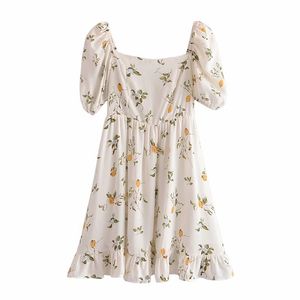 Verão Mulheres Lemon Imprimir Chiffon Dress Sexy Quadrado Neck Slow Sleeve A-Linha Feriado Feminino Prairie Chic Robe Short 210514