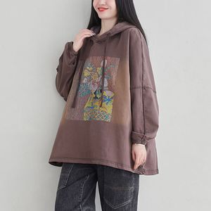 Johnature Kobiety Sweter Bluzy Z Kapturem Terry Luźne Jesień Ubrania Kawa Vintage Drukuj Kwiatowy Kobiet Oryginalne Bluzy 210521