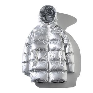 Winter Men Jacket Thick Warm Parka s Silver Bright color long men's Hooded Cotton bigger size Casual Parkas coat 211214