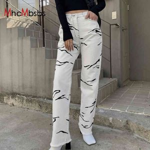 Y2K vit baggy jeans kvinna hög midja tryckta lösa raka denim byxor koreanska mode vintage e-girl kläder lastbyxor 210517