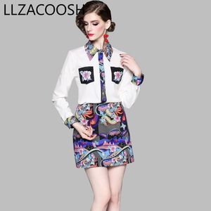 Runway Designer Fall Women's Lapel Short Sleeve Vintage Print Blouse Shirt + Mini Skirt Two-Pite Ladies Ol Woems Set 210514