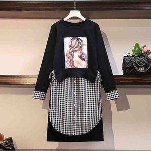 L-4XL Spring Autumn Womens Fashion O Neck Long Sleeves Print Patchwork Plaid Shirt Dress Female Casual Dresses A4341 210428