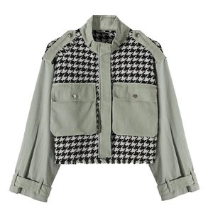 vintage houndstooth spliced wool blend coat jacket women streetstyle pockets cropped short winter tops 210427