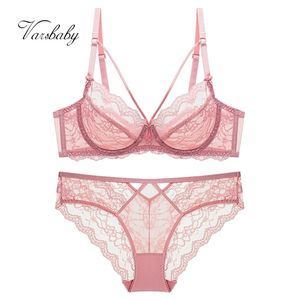 VarsBaby Sexy Plus Size Lace Floral Lace Foderato Underwear Deep V Hollow 3/4 tazza Underwire ABCDE CUP BRA SET 211104