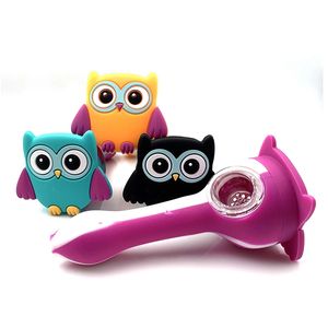 Owl Design Silicone Hand Pipe Bongs Water Herb Pipes Heady Pyrex Spoon with Glass Bowl Smoking Oil Rig Dab Burner Tobacco Cartoon Animal Pattern 4 Colors Creative