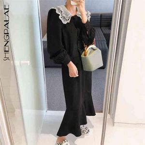 Autumn Korea Style Sailor Collar Full Lantern Sleeve Hollow Out Ankle-length Elastic Dress Women Suit FS363 210427