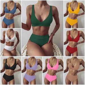 Sexig Cross Bikini Set Kvinnor Solid V-Neck High-Waisted Två Piece Swimsuit 2021 Tjej Beach Badkläder Badkläder Biquinis 1289 Z2