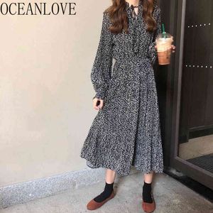 Chiffon Vestidos Autumn Print Lace Up Elegant Women Dresses Vintage Korean A-line Long Dress Fashion 17525 210415