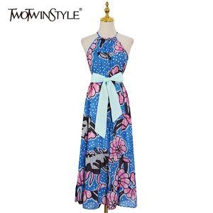 Floral Vintage Dress For Women Halter Sleeveless High Waist Lace Up Hit Color Mid Dresses Females Summer Style 210520