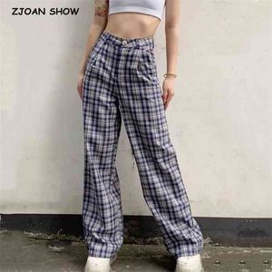 Vitage 90s Check Gingham Plaid Wide Leg Pants Woman High Waist Full length Causal Trousers Cool girl Loose Long Home 210429