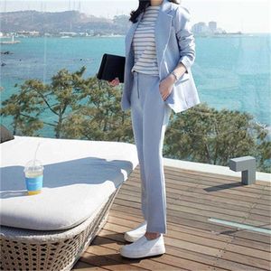 Fashion suit female spring High quality sky blue casual Business Suit + pants OL two-piece suit women size XS-3XL 210927