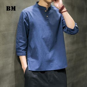 中国スタイルの夏3分の1スリーブTシャツハラジュクレトロスタンドカラー半袖男性衣類プラスサイズトップス男性のTシャツ