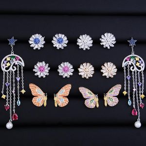 Wholesale flower drops resale online - Daisy Flower Rainbow Color Butterfly Meteor Tassel Drops Fashion Cubic Zirconia Women Bridal Stud Earrings High Quality