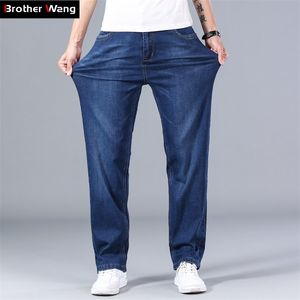 Classic Men's Thin Blue Jeans Advanced Stretch Loose Straight Denim Trousers Male Brand Pants Plus Size 40 42 44 211104