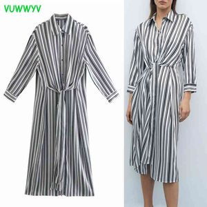 Black White Striped Shirt Dress Women Spring Casual Button Up Woman Long Sleeve Fashion Front Knot Midi Vestidos 210430