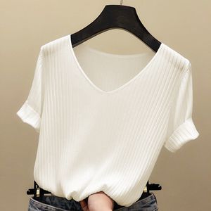 Blouse Women Blusas Mujer De Moda Verano Short Sleeve White V-Neck Knitted Shirt Tops Blusa E403 210426