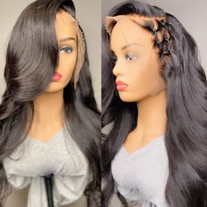 Transparent Body Wave Lace Front Pärlor 30 tum 13x4 Brasiliansk Human Hair Glueless Wig Svart / Blond / Röd Syntetisk peruk 200 densitet