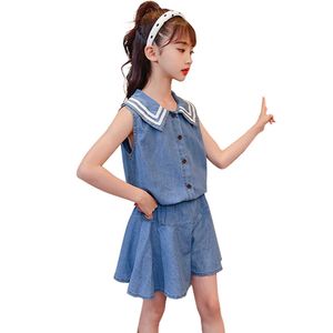 Adolescente meninas vestuário colete denim + roupas curtas para crianças crianças estilo casual g 210528