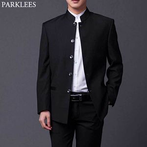 Мужская классическая мандарин воротник черный костюм Slim Fit Groomsmen формальный бизнес свадьба смокинг 2 кусок куска + pantcostume homme 4xl 210522