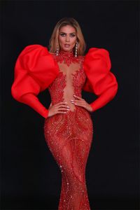 Glitter Red Mermaid Evening Dresses Women's Beads Puffy Long Sleeves Crystal Party Prom Banquet Custom-made High Neck Floor Length Robe De Mariée