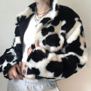 Women's Faux Fur coat girls hip-hop style black&white stripe cow pattern short cotton jacket high-neck zipper winter keep warm and defend cold outerwear