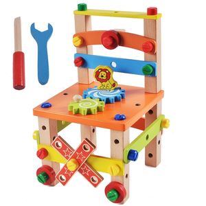 Trämonteringsstolleksaker Baby Trä leksak Förskola Multifunktionell Variety Mutter Kombinationsstolverktyg X0503