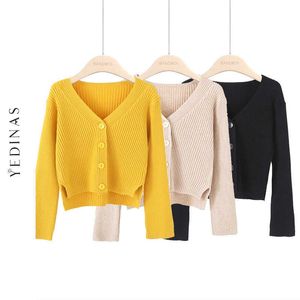 Yedinas Casual Sólido Camisola Mulheres Outono e Inverno Manga Longa V Pescoço Branco Malha Cardigan Slim Soft Dadies Cardigans Coreano 210527