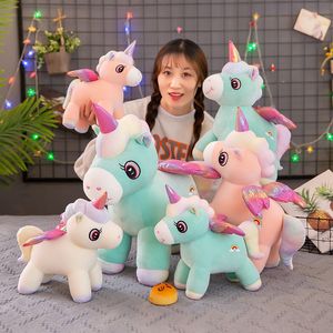 28,35,50cm Unique Glowing Wings Unicorns Plush toy Giant Unicorn Stuffed Animals Doll Fluffy Hair Fly Horse Toy for Child Xmas Gift