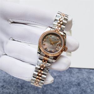 Słynny nowy kwarc z lodem ze stali nierdzewnej Watches Kobiety Lady Mother of Pearl Diamonds Randwatch Rose Srebrny szary tarcz 26 mm
