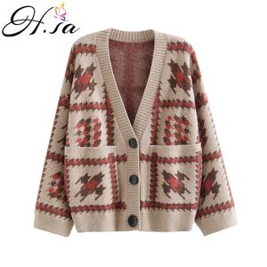 H.SA Kvinnor Vinter Kläder V Nacke Houndstooth Fashion Cardigans Varm tjock Sweater Coat Oversized Knit Jacka 210417