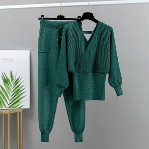 BYGOUBY Lurex Shinnng Two Peice Set for Women Knitted V Neck Sweater + Overall Drawstring Carrot Pants Winter 2 PCS Tracksuits Y0625