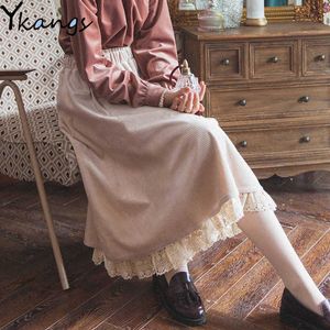 Vintage elegante outono inverno plissado saia mulheres francês painel de laço saia alta cintura longa saia corduroy feminino saias 210619