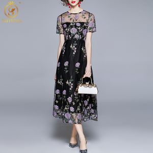 Yaz Moda Pist Zarif Parti Elbise Kadın Örgü Çiçekler Nakış Bir Çizgi Uzun Elbiseler Robe 210520