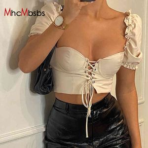 Lace Up Crop Tops Woman Puff Short Sleeve Sexy Square Neck Tshirts Summer Harajuku Party Streetwear Vintage Tees Goth Clothes 210517