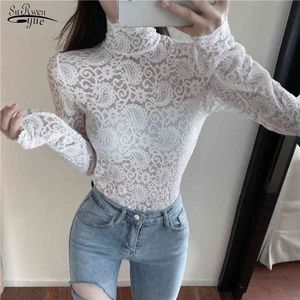 Spring Arrival Lace White Blouse Shirts Women Long Sleeve Casual Solid Shirt Tops Half Turtleneck Slim Sexy Top 12709 210521