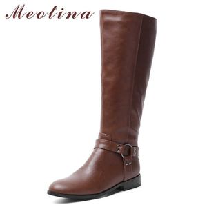 Meotina Vinter ridskor Kvinnor Stövlar Zipper Flat Knä High Boots PU Läder Rund Toe Tall Skor Lady Höst Plus Storlek 34-43 210608