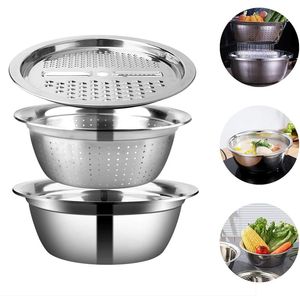 LMETJMA 3 in 1 Slicer Cutter Drain Basket Stainless Steel Vegetable Julienne Grater Salad Maker Bowl KC0410 201130308q