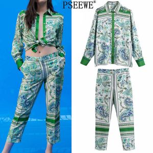 Two Piece Set Women Outfit Za Green Print Shirts Woman Tracksuits Vintage Fashion Summer High Waist Trouser Suits 210930