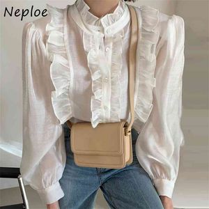 Elegant Wooden Ear Patchwork Solid Blouse Women Stand Collar Puff Long Sleeve Single Breast Blusas Spring Shirt 210422