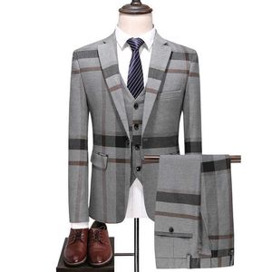 Abito scozzese da uomo blu grigio smoking da uomo 2020 smoking da uomo d'affari da uomo slim abito da sposa abito classico giacca formale pantaloni gilet X0909