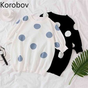Korobov New Arrival Summer O Neck Sweaters Korean Puff Short Sleeve Dot Pattern Pullovers Sweet Fashion Kawaii Sueter Mujer 210430