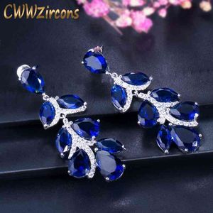 Top Quality Female CZ Stone Big Dark Blue Crystal Long Leaf Dangle Earrings for Women Party Jewelry CZ259 210714