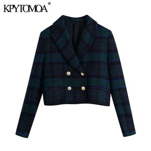 Women Fashion Double Breasted Tweed Cropped Blazer Coat Long Sleeve Female Outerwear Chic Vest Femme 210420