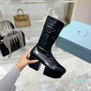Technical nappa leather platform boots Side zipper closure 29 cm boot leg 70 mm leather-covered heel