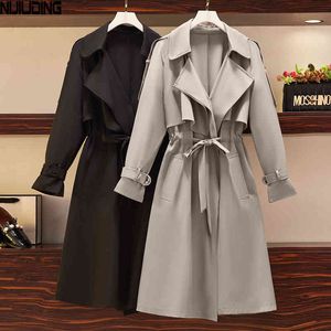 Autumn Winter Mid-length Trench Jacket Lady Solid Long Sleeve Polyester Turn-down Collar Sashes Loose Coat Female 210514