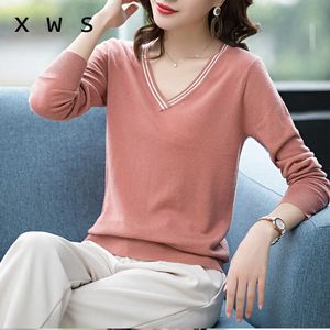 Höstens överdimensionerade tröja Pullover Mode Långärmad Stripe V Neck Kint Kvinna Jumper Kontor Casual Jersey Mujer 210604